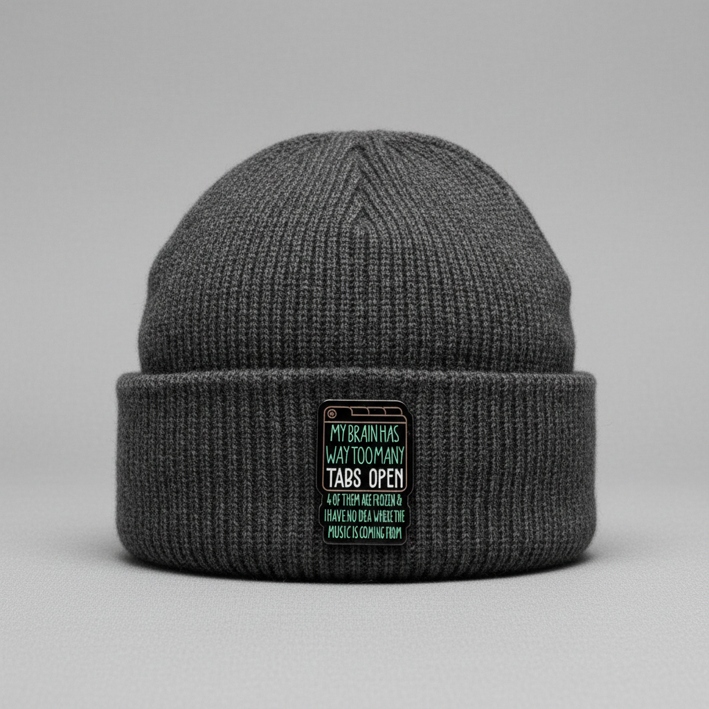My brain has too many tabs open 4 of them are frozen & i have no idea where the music is coming from enamel pin worn on beanie hat alternative enamel pin for casual outfits and street wear