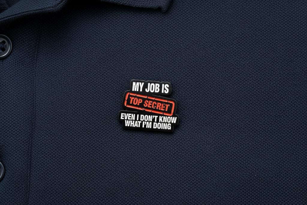 Pin with text 'My job is top secret even I don't know what I'm doing' on a blue fabric background