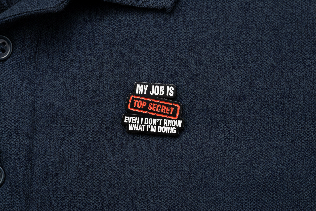 Pin with text 'My job is top secret even I don't know what I'm doing' on a blue fabric background