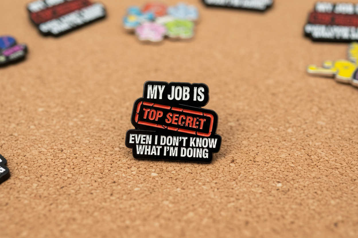 Pin with text 'My job is top secret even I don't know what I'm doing' on a cork background