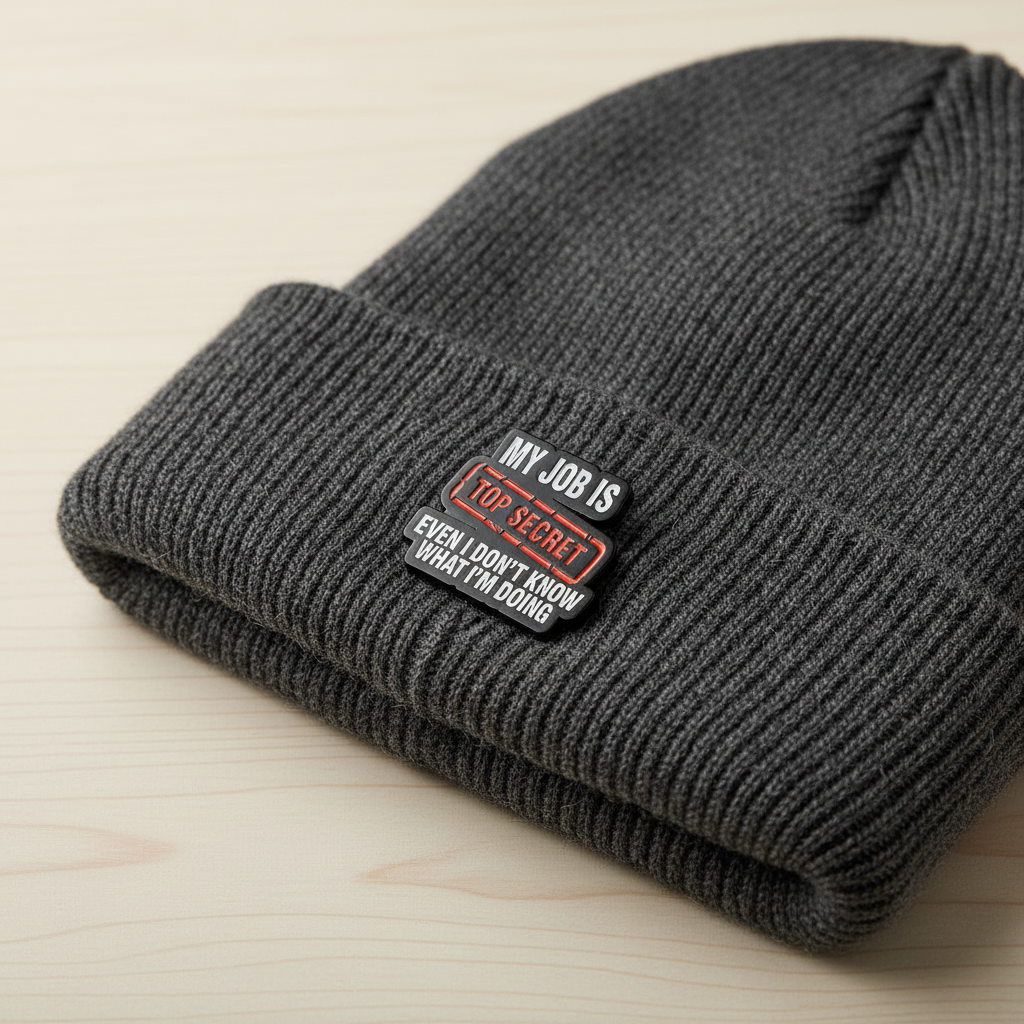 My job is top secret even I don't know what I'm doing enamel pin worn on beanie hat alternative enamel pin for casual outfits and street wear