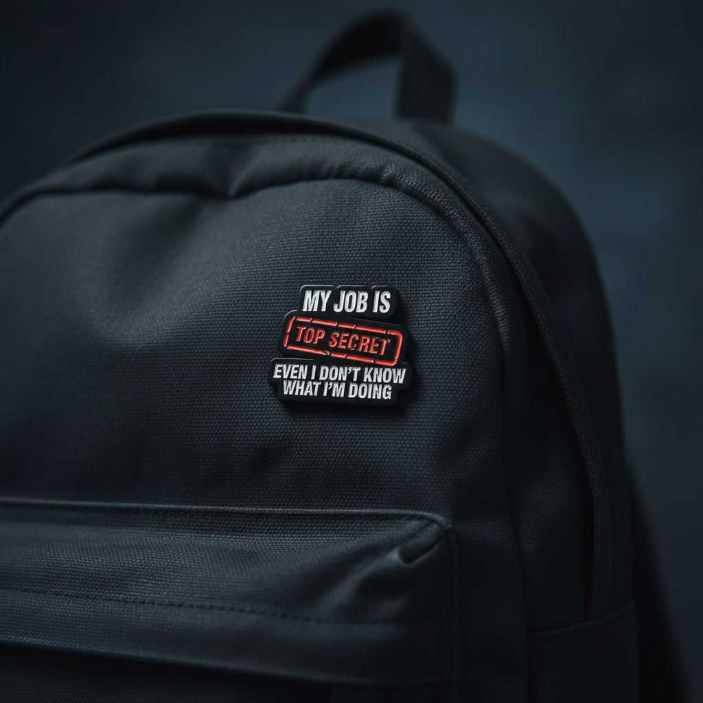 My job is top secret even I don't know what I'm doing enamel pin on backpack funny accessory for customizing bags and work gear