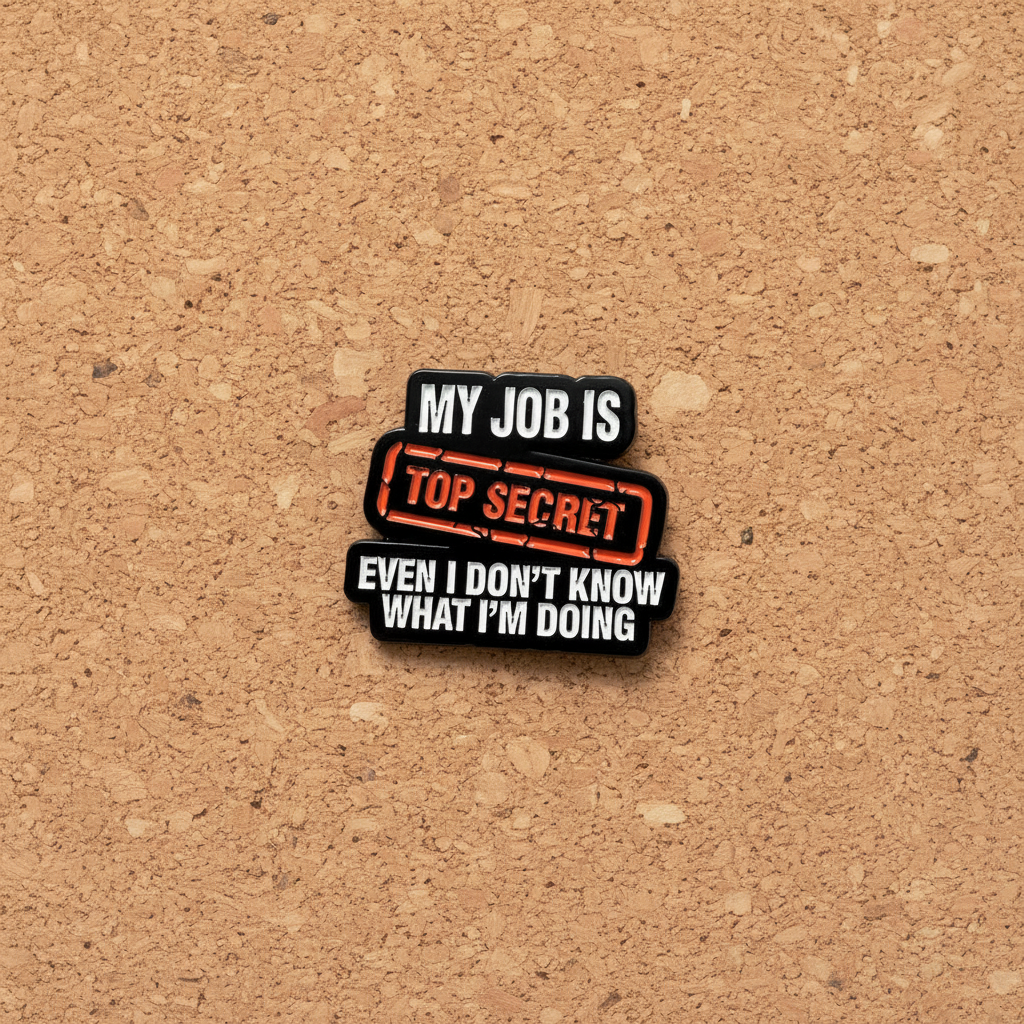 My job is top secret even I don't know what I'm doing enamel pin displayed on cork board coworker enamel pin for collectors and display