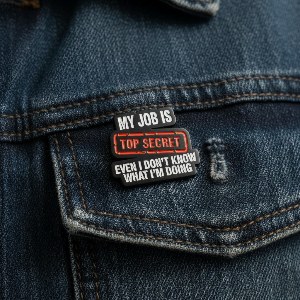 My job is top secret even I don't know what I'm doing enamel pin worn on jacket lapel, sarcastic pin style for everyday wear