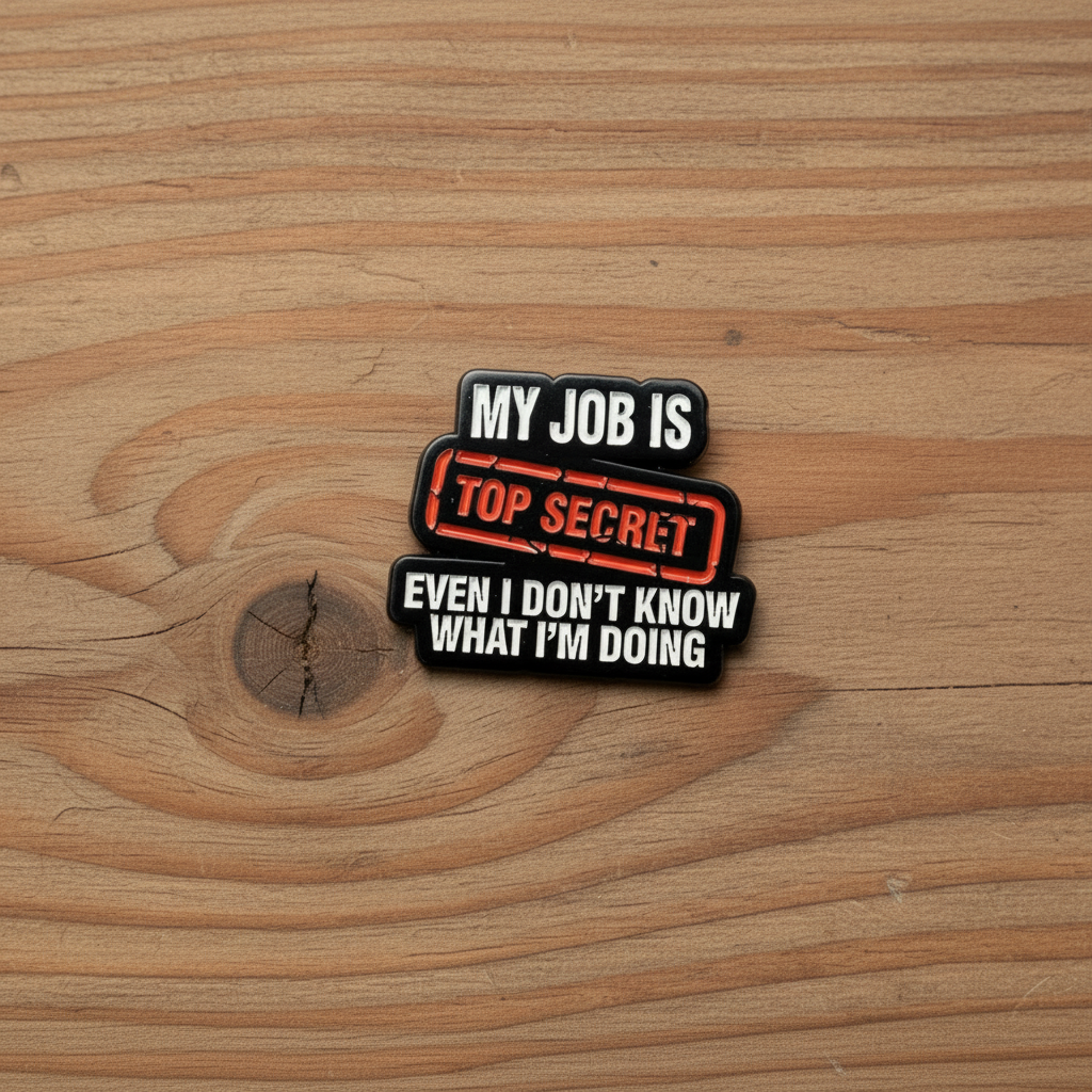 My job is top secret even I don't know what I'm doing enamel pin on wood background funny enamel pin with text detail