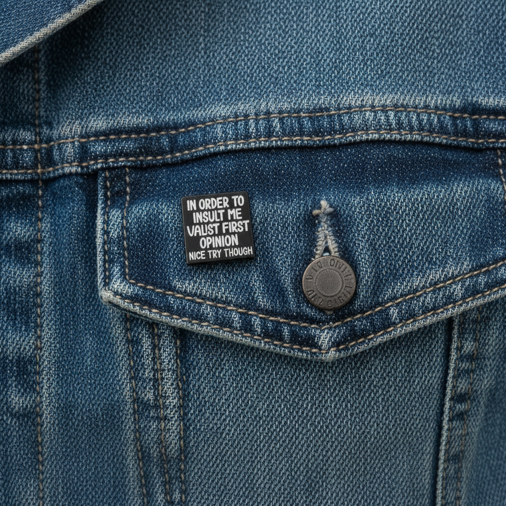 In Order to insult me enamel pin worn on denim jacket lapel, funny pin style for everyday wear