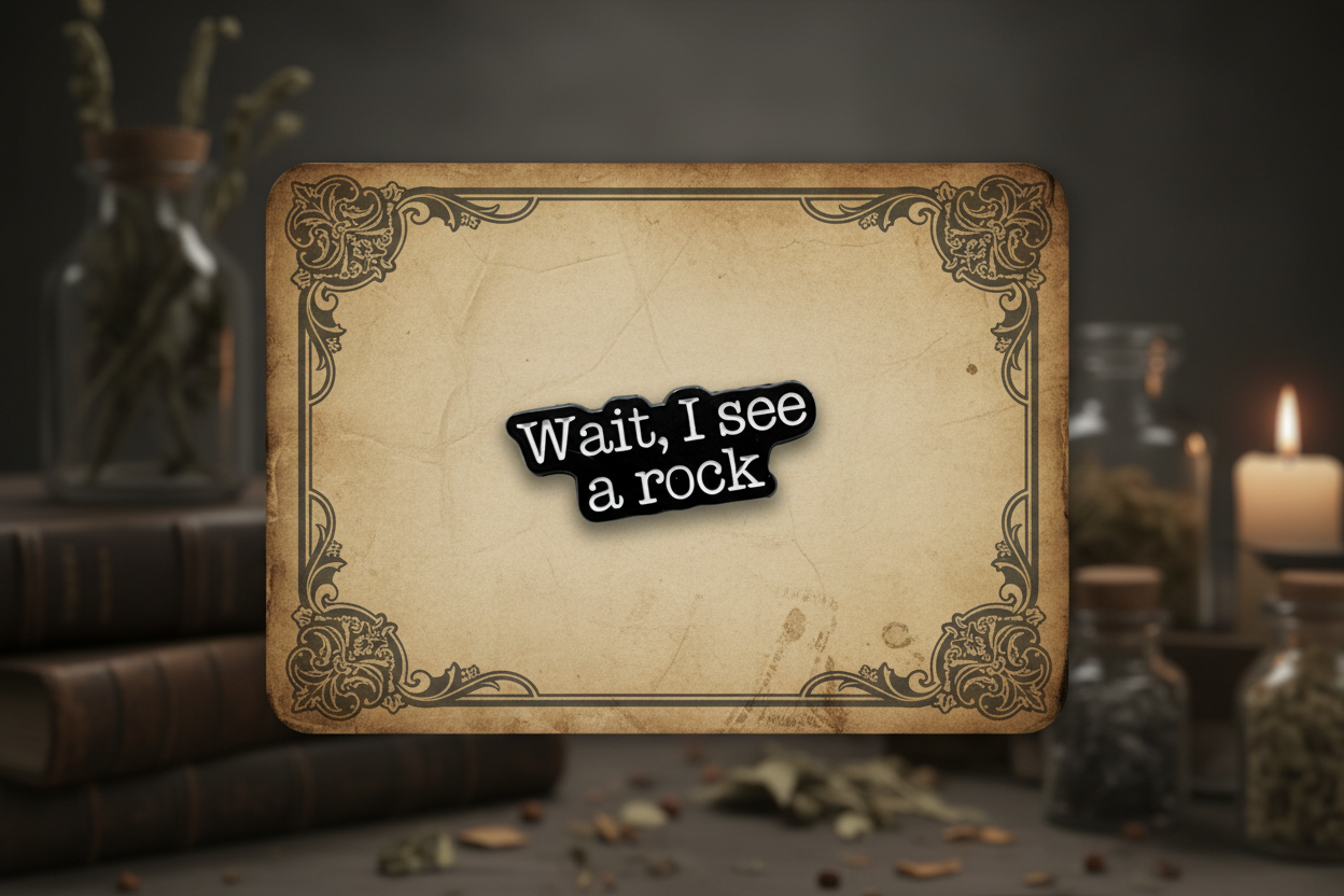 a black enamel pin with white text that says wait i see a rock on a witchy background