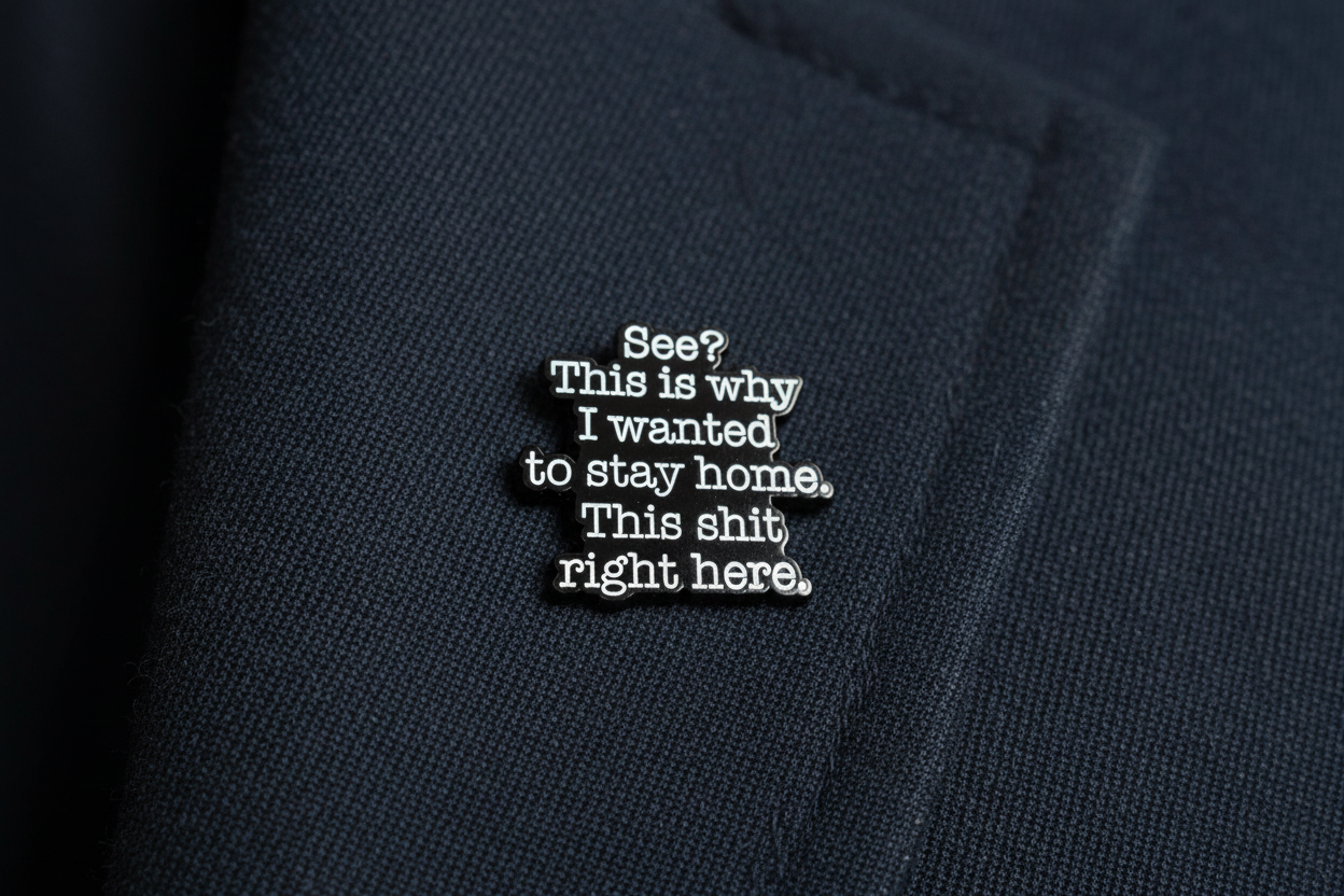 A black sarcastic pin with white text on a navy lapel background