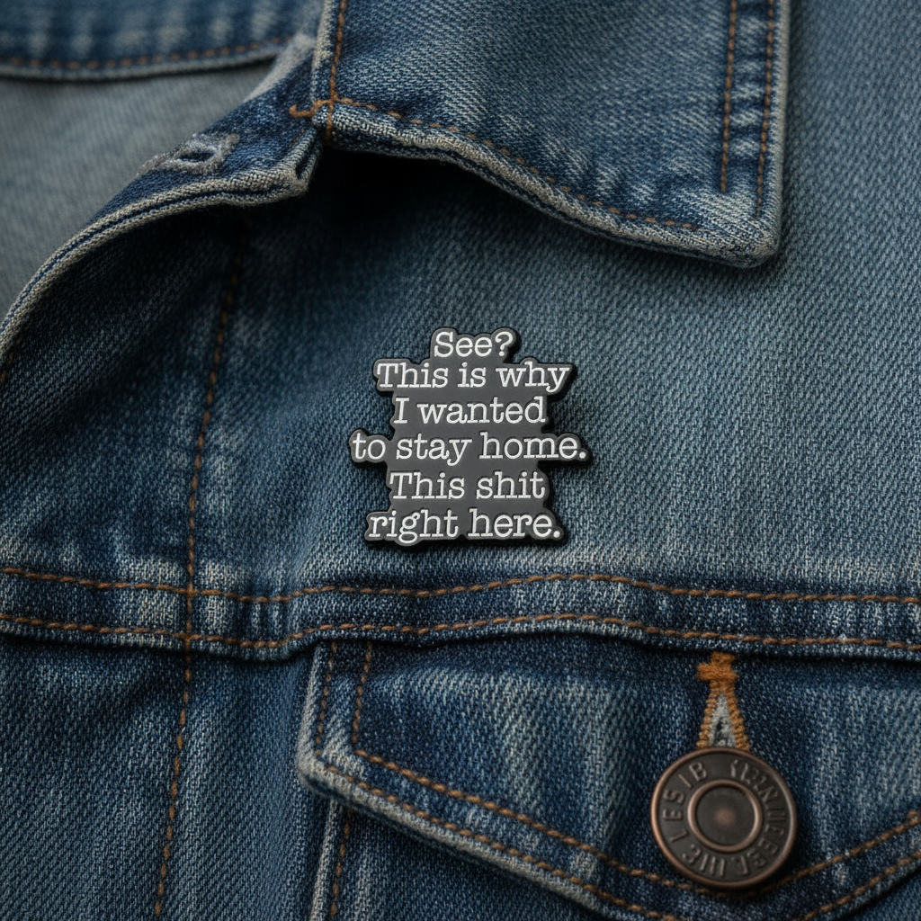 See this is why I wanted to stay home enamel pin worn on denim jacket lapel, sassy pin style for everyday wear