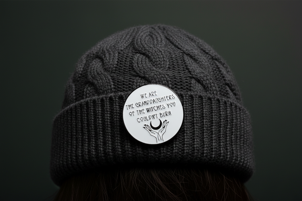 we are the granddaughters of the witches you couldn't burn enamel pin worn on beanie hat goth enamel pin for casual outfits and street wear