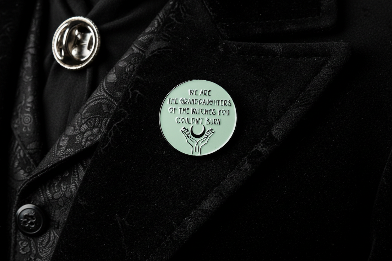 we are the granddaughters of the witches you couldn't burn enamel pin worn on jacket lapel, gothic accessory for everyday wear
