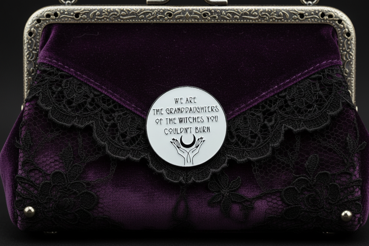 we are the granddaughters of the witches you couldn't burn enamel pin attached to purse witchy gift accessory for bags and personal style