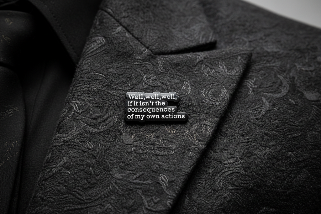 Black and white text pin on a black lapel background