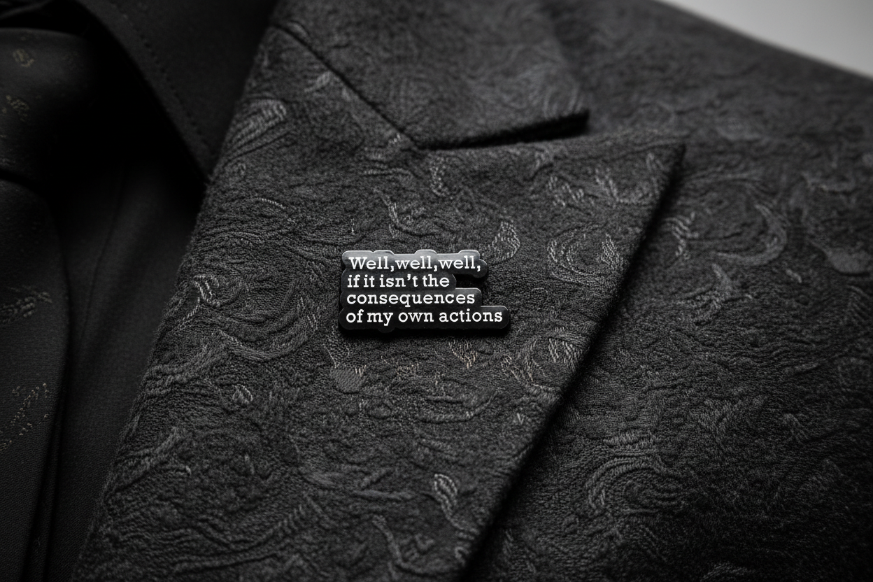 Black and white text pin on a black lapel background