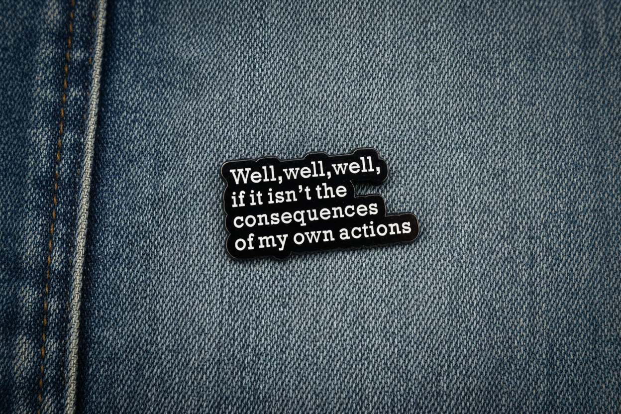 Black and white text pin on a denim background