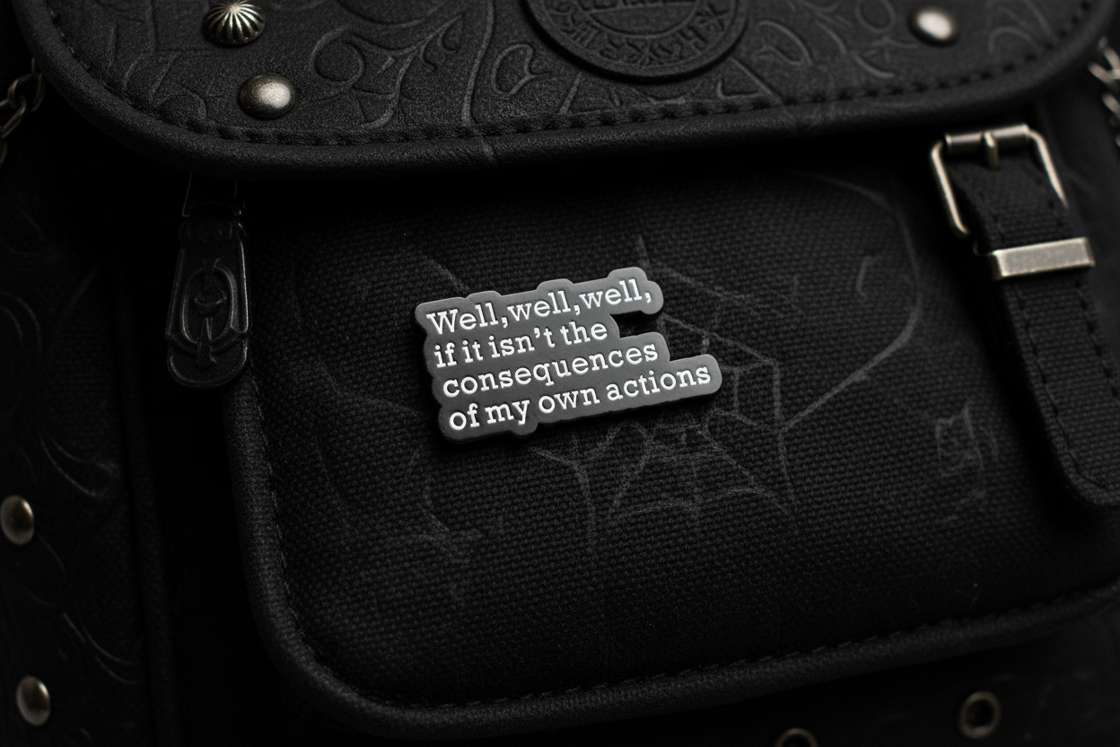 Black and white text pin on a black bookbag background