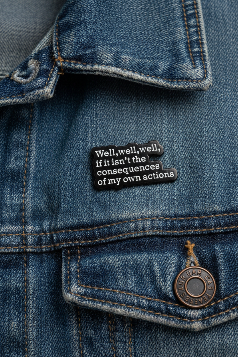 well well well if it isn't the consequences of my own actions enamel pin worn on jacket lapel, alternative pin style for everyday wear