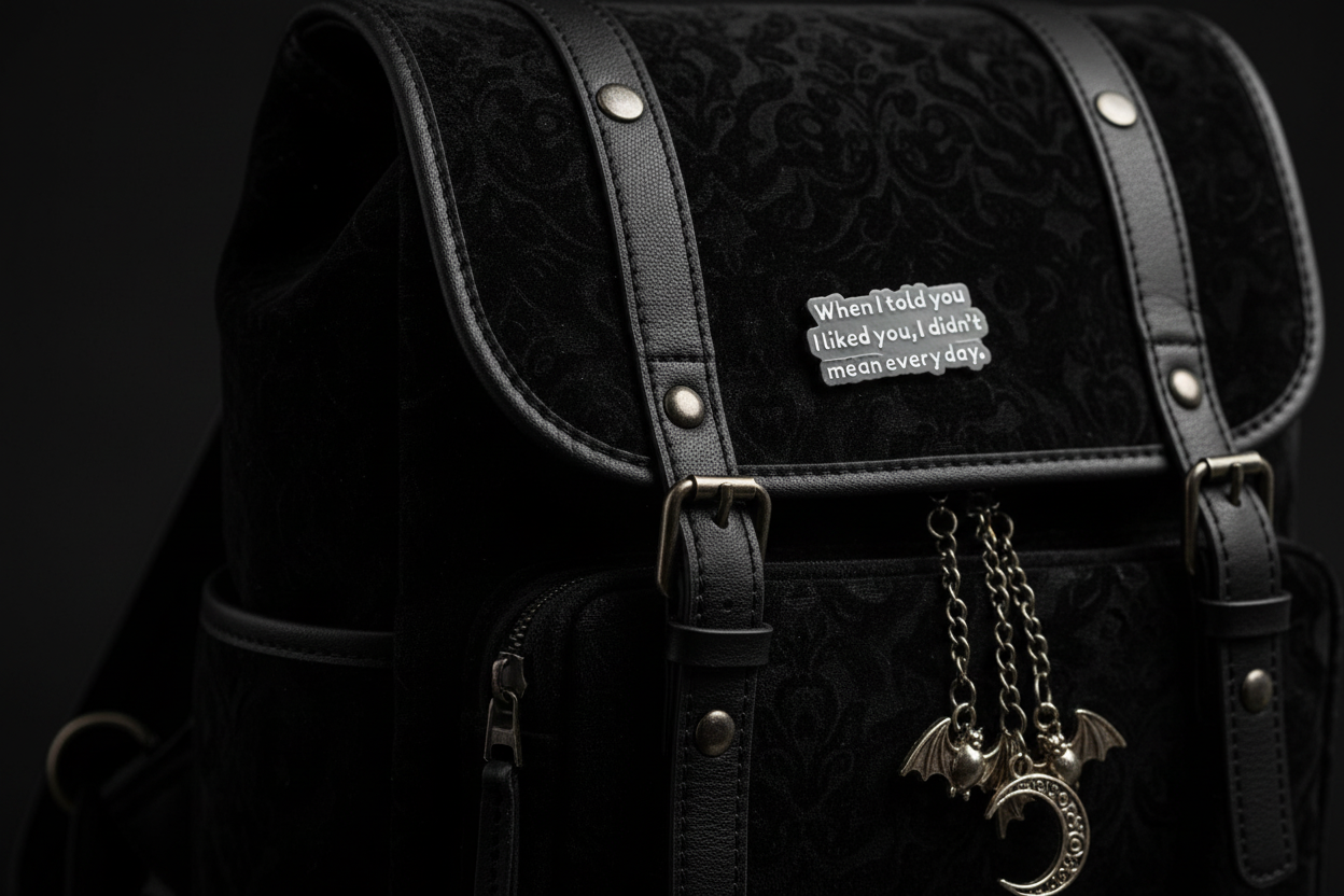 black enamel pin with white text and a sarcastic saying on a black bag background