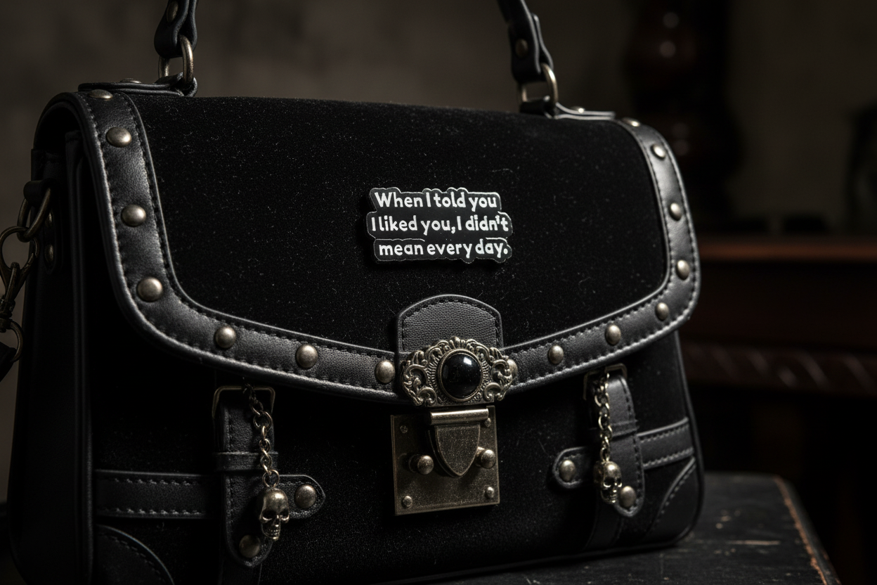 black enamel pin with white text and a sarcastic saying on a black purse background