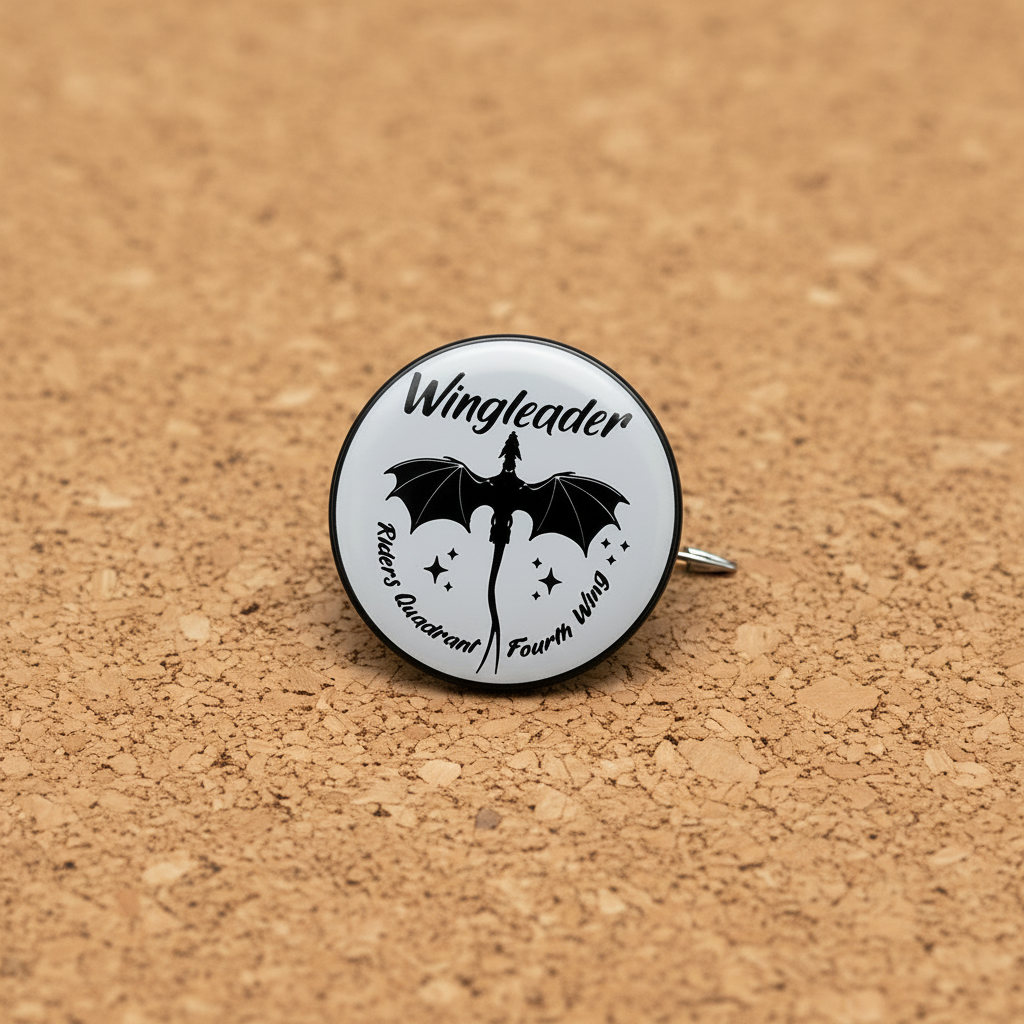 Wingleader enamel pin displayed on cork board fantasy book enamel pin for collectors and display