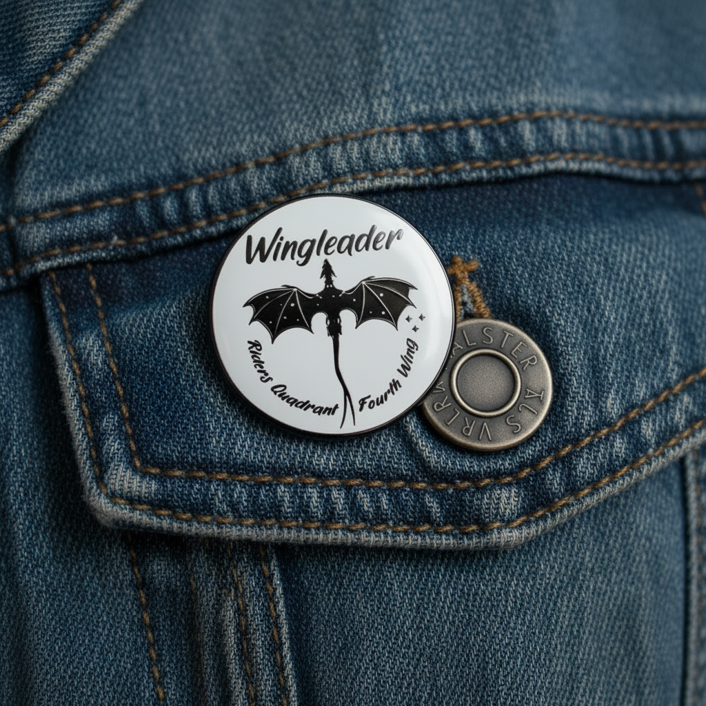 Wing Leader enamel pin worn on denim jacket lapel, romantasy pin style for everyday wear