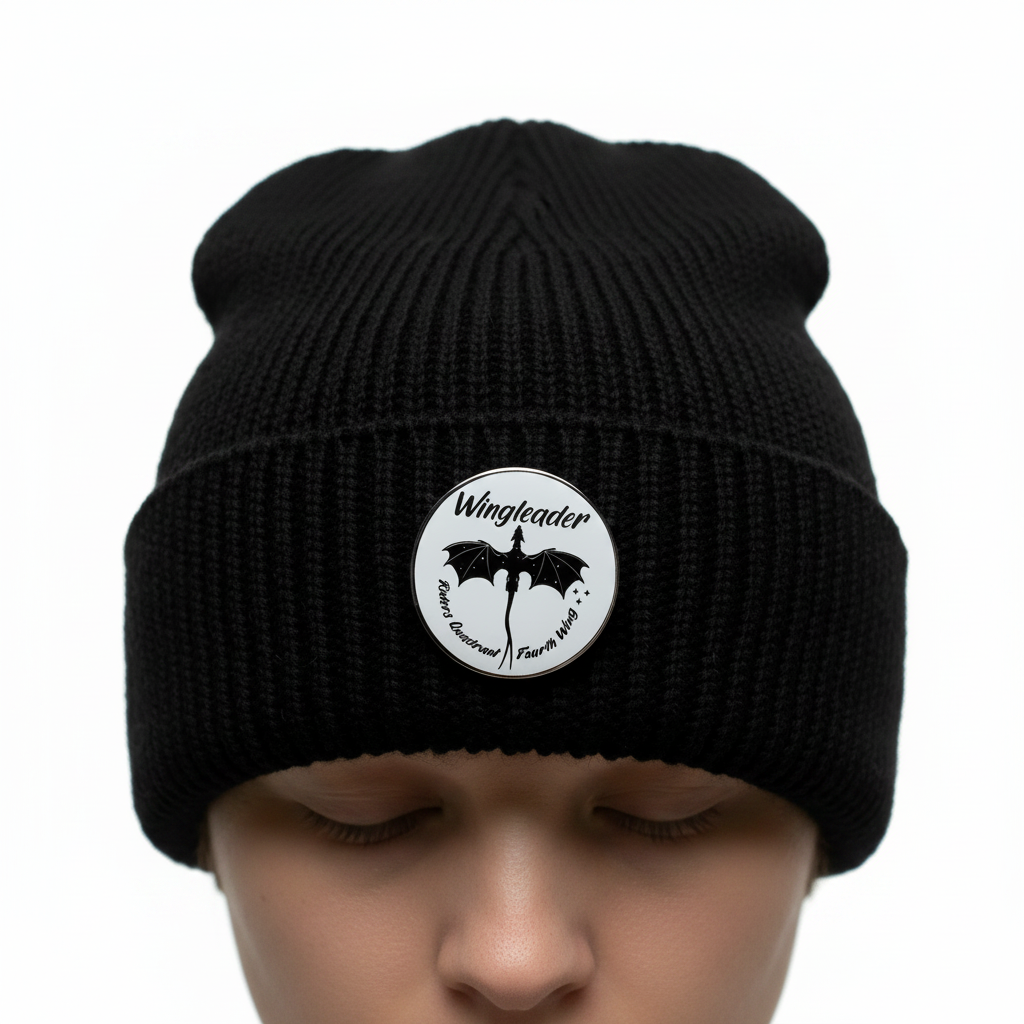 Wingleader enamel pin worn on beanie hat alternative enamel pin for casual outfits and street wear