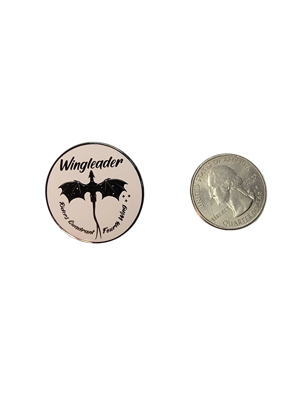 Small round metal coin with a dragon design and text, next to a U.S. quarter for scale.