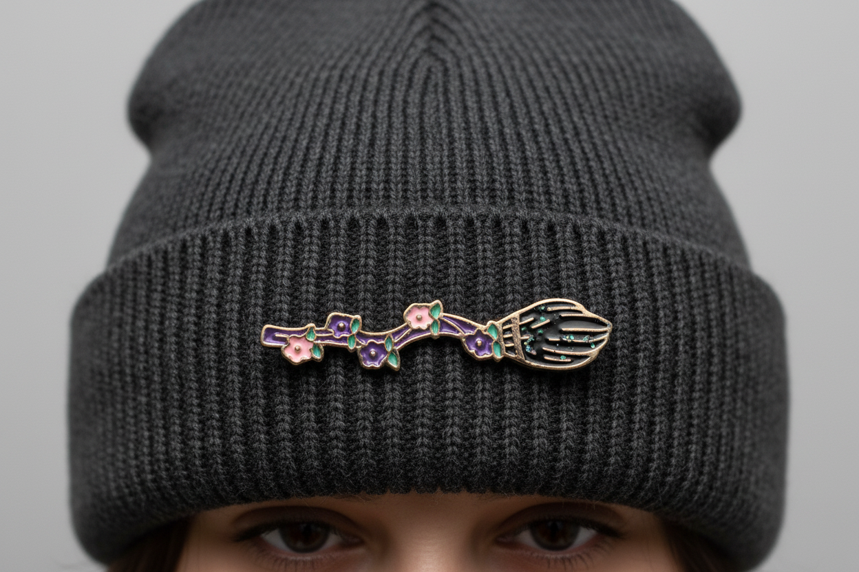 witch broom enamel pin worn on beanie hat alternative enamel pin for casual outfits and street wear