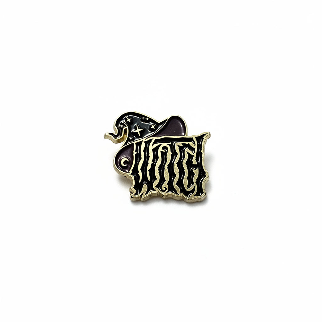 witch enamel pin featuring the word "witch" in black text with a witch hat, Halloween gift for jackets and bags