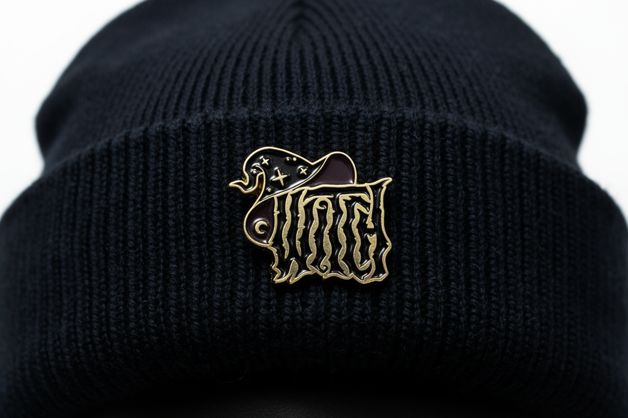 witch enamel pin worn on beanie hat alternative enamel pin for casual outfits and street wear