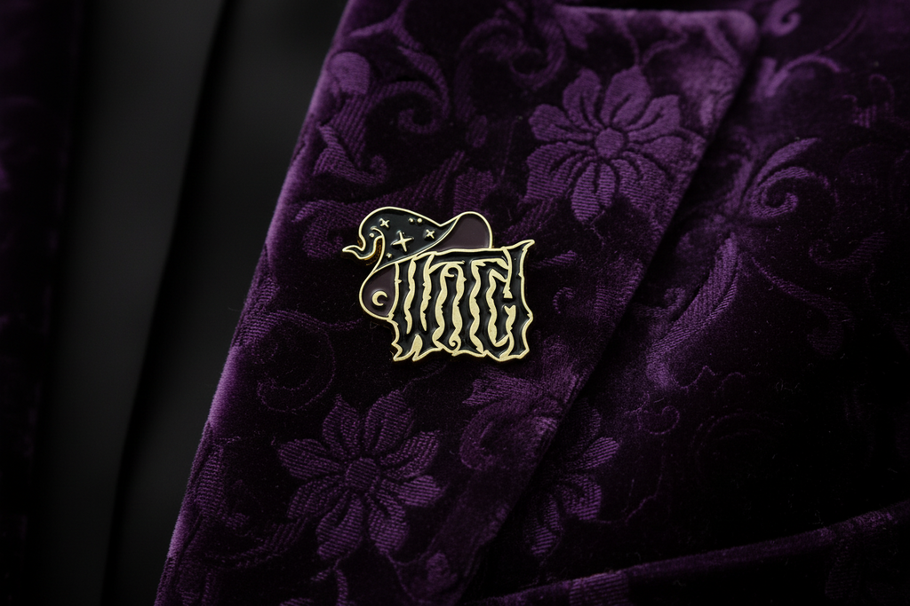witch enamel pin worn on jacket lapel, gothic pin style for everyday wear