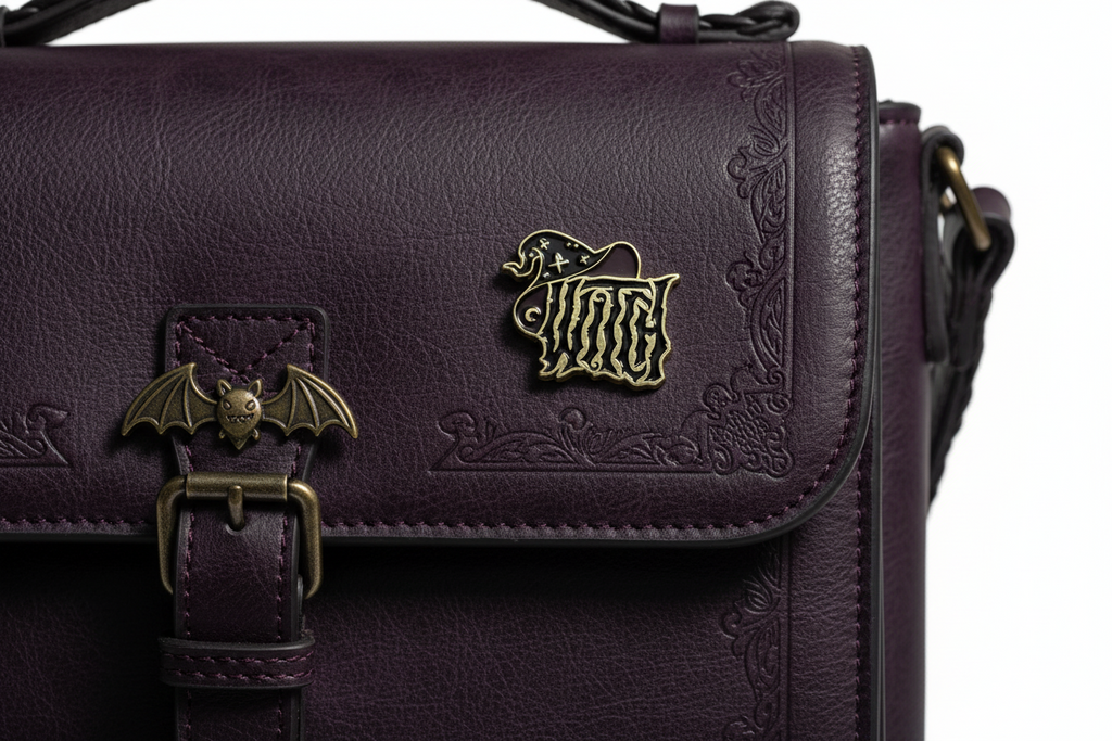 witch enamel pin attached to purse goth brooch accessory for bags and personal style