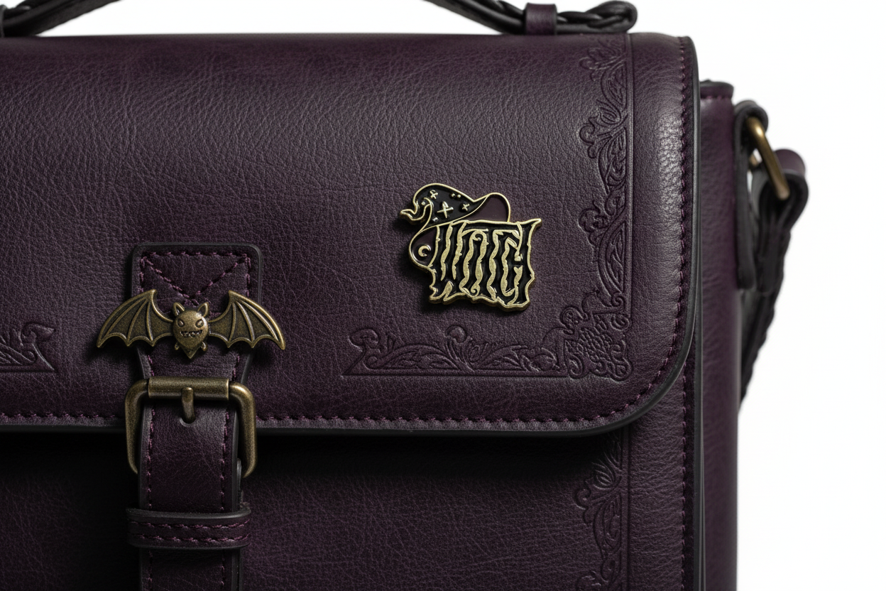 witch enamel pin attached to purse goth brooch accessory for bags and personal style