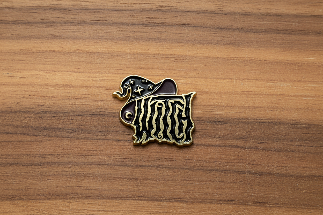 witch enamel pin on wood background Halloween enamel pin with witch hat detail