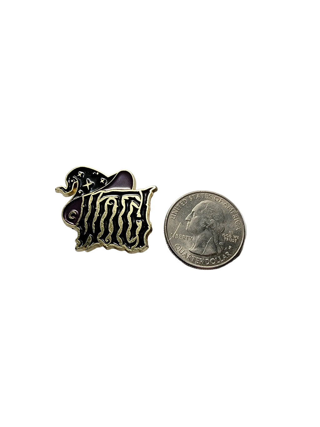 witch enamel pin shown next to quarter for size reference alt enamel pin dims 1 in W x 1 in H