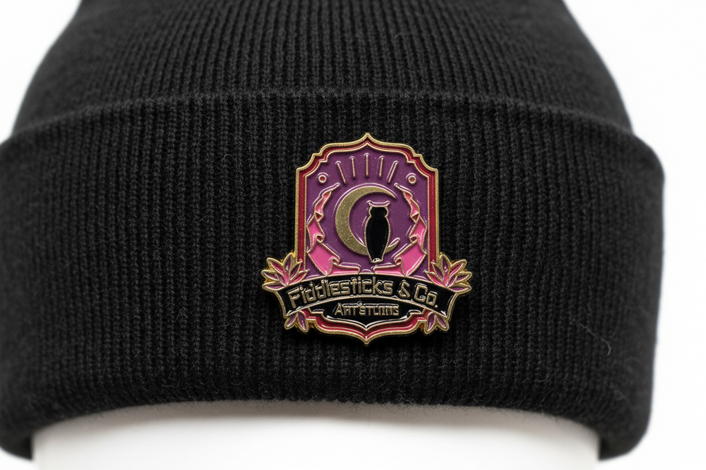 witchy owl enamel pin worn on beanie hat alternative enamel pin for casual outfits and street wear