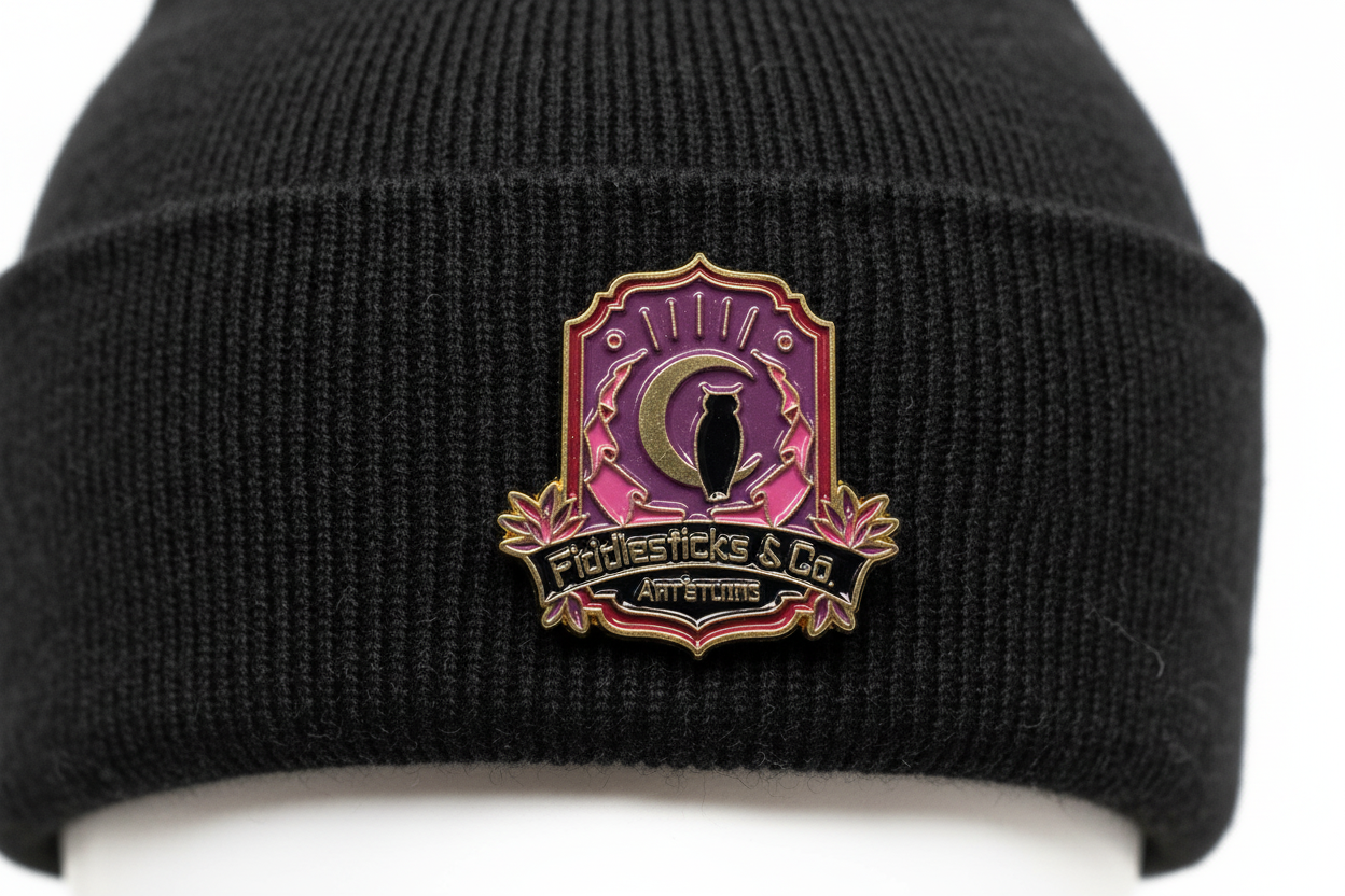 witchy owl enamel pin worn on beanie hat alternative enamel pin for casual outfits and street wear