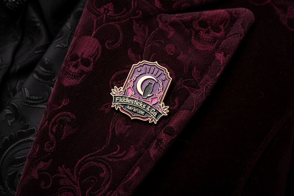witchy owl enamel pin worn on jacket lapel, wiccan pin style for everyday wear