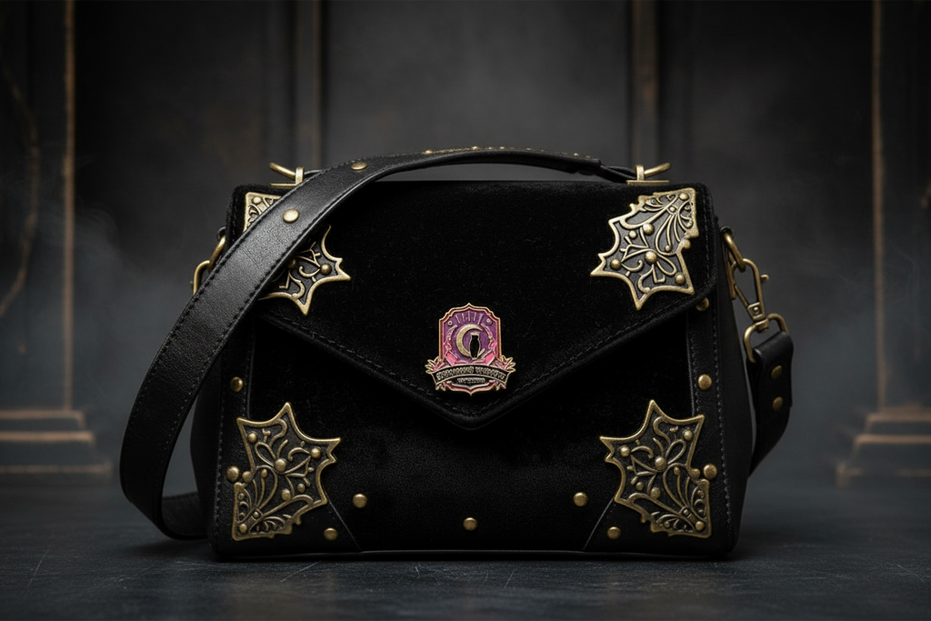 witchy owl enamel pin attached to purse gothic brooch accessory for bags and personal style