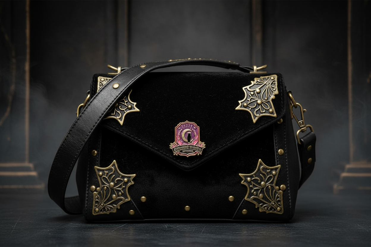 witchy owl enamel pin attached to purse gothic brooch accessory for bags and personal style