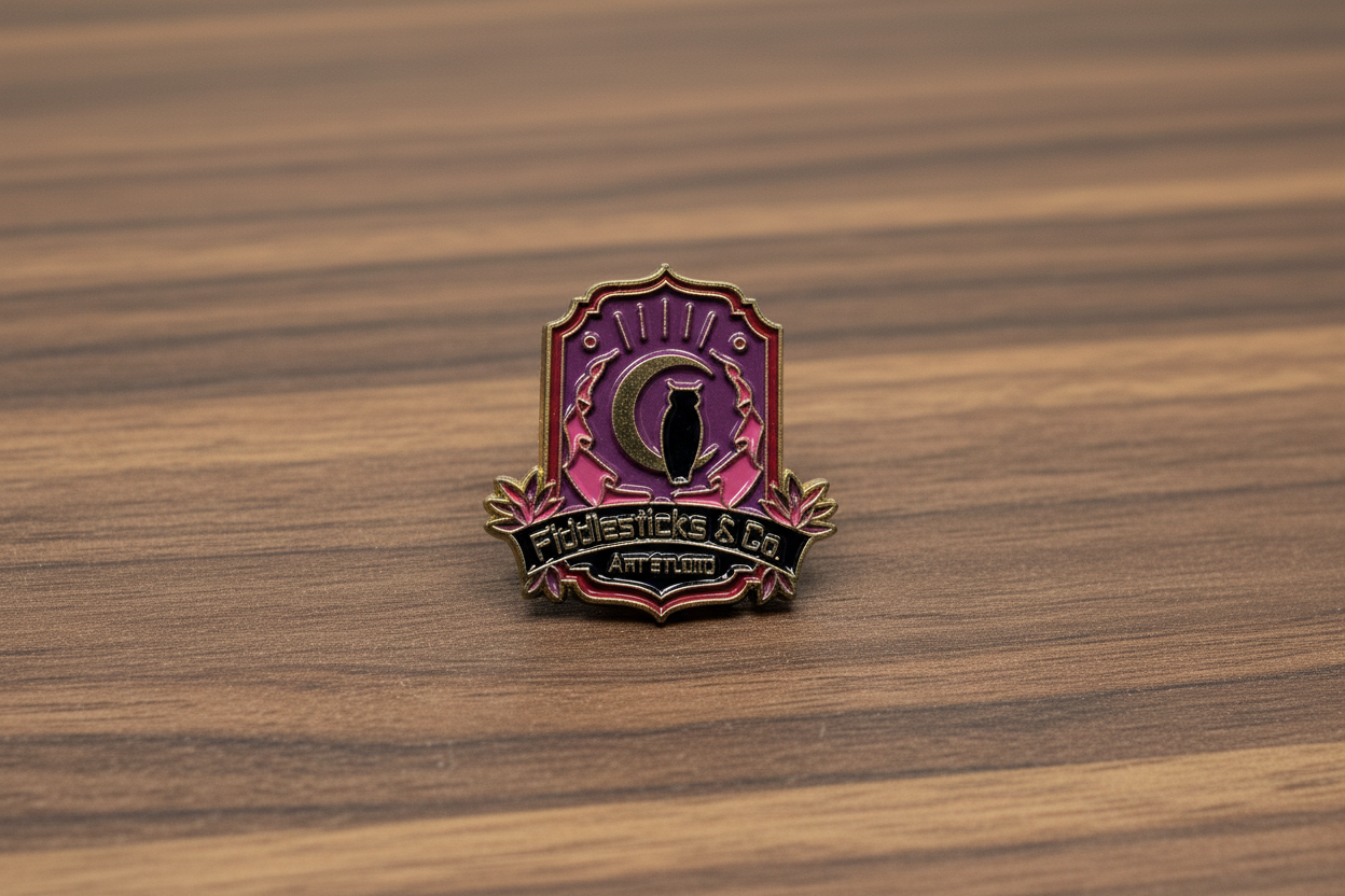 witchy owl enamel pin on wood background witchy woman enamel pin with owl and moon detail