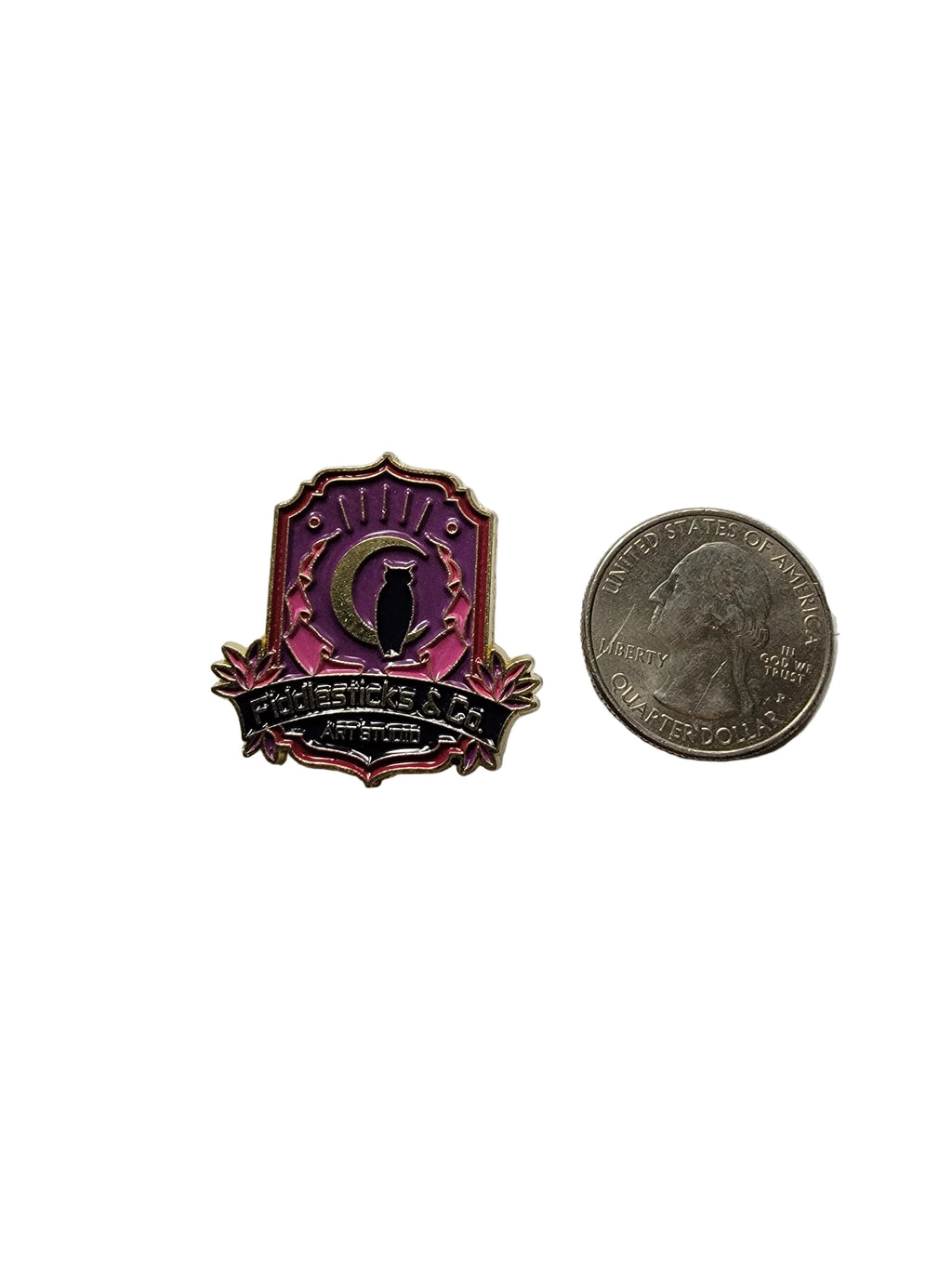 witchy owl enamel pin shown next to quarter for size reference witch enamel pin 1 1/8 W x 1 1/8 H