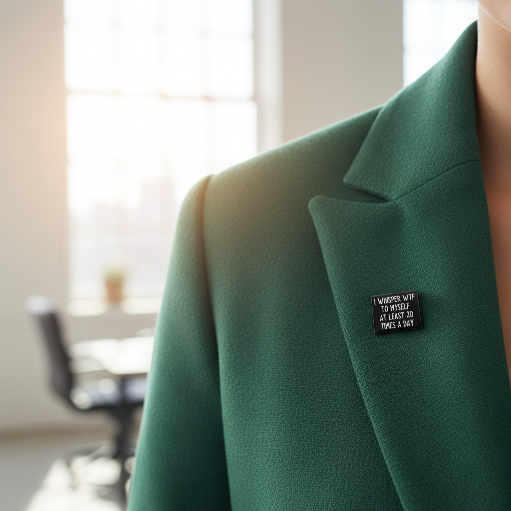 I whisper wtf to myself at least 20 times a day enamel pin worn on jacket lapel, funny pin style for everyday wear
