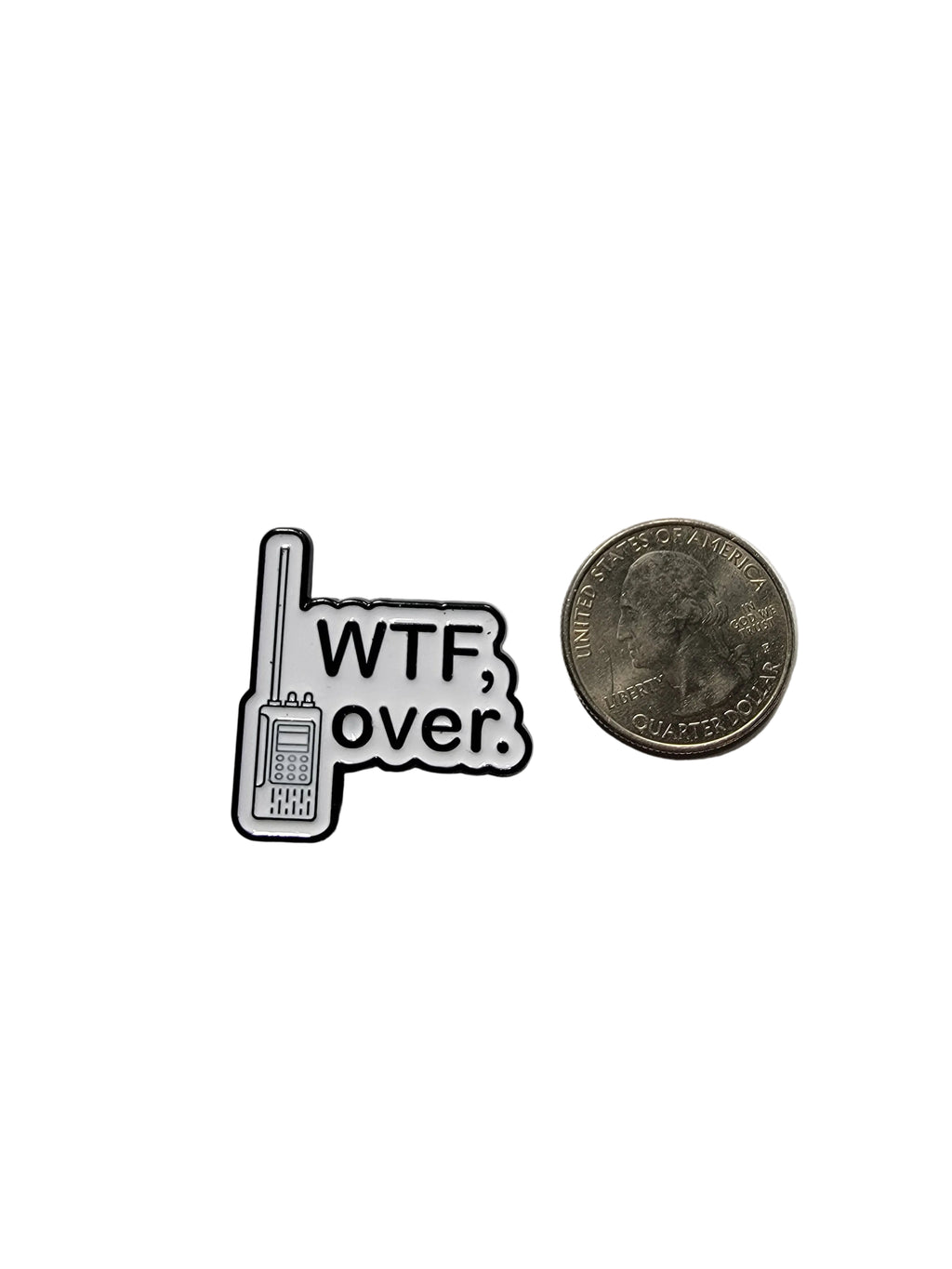 Pin with 'WTF over?' text on a gray background